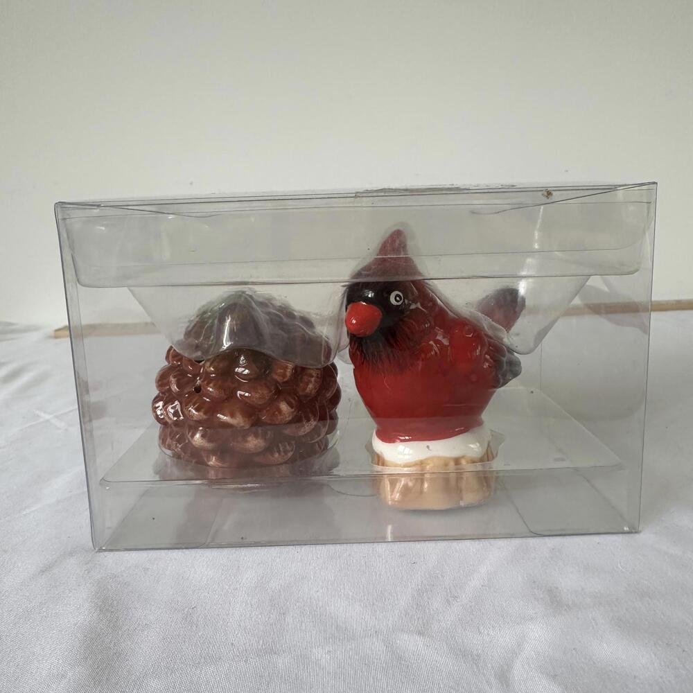 Cardinal and Pine Cone Salt and Pepper Shaker Set in Box